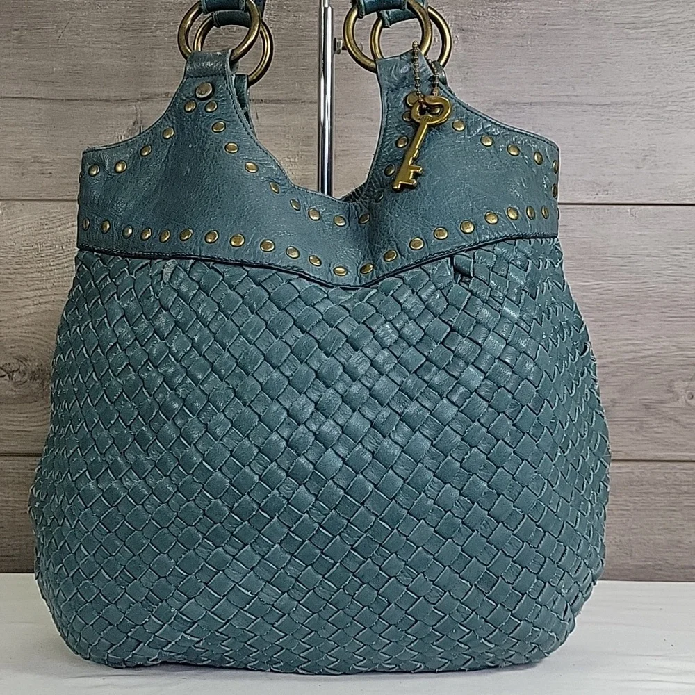 Fossil Teal Woven Hobo with Stud and Ring Accents